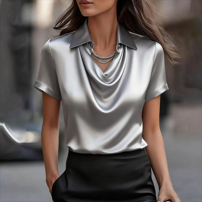 Camisa de satén de manga corta para mujer, sencilla y elegante.