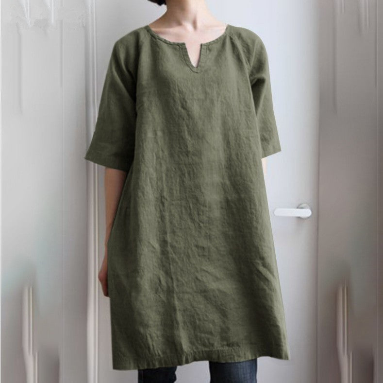 ✨【S–3XL】Dámské volné šaty z bavlny a lnu, s malým výstřihem do V, prodyšné, měkké a pohodlné na nošení