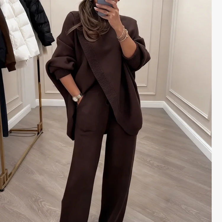 🔥 Ženski dvodelni komplet - asimetrični pulover + široke hlače, ohlapen kroj, mehka tkanina, super udobno👚 Brezplačna dostava✨