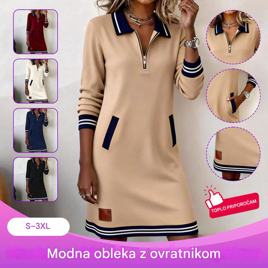 Nova zimska obleka za prosti čas z zadrgo, ovratnikom, dolgimi rokavi in žepom v barvnih blokih