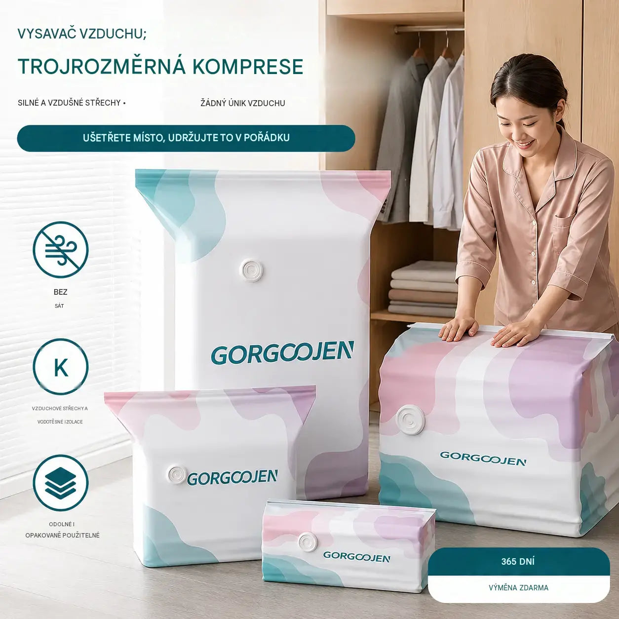 🧳 5 kusy 620 Kč 💨 Velký, stlačitelný vakuový úložný sáček: není potřeba pumpička, nepropustný a ideální pro úsporu místa v kufrech i doma ✈️