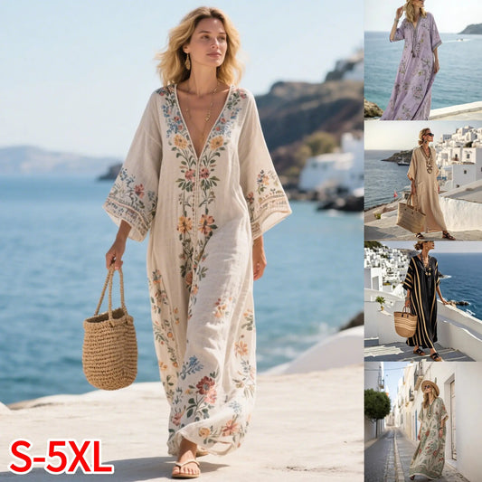 Letní novinka 【S–5XL】 prodyšné lněno-bavlněné šaty s potiskem, stylové a snadno kombinovatelné