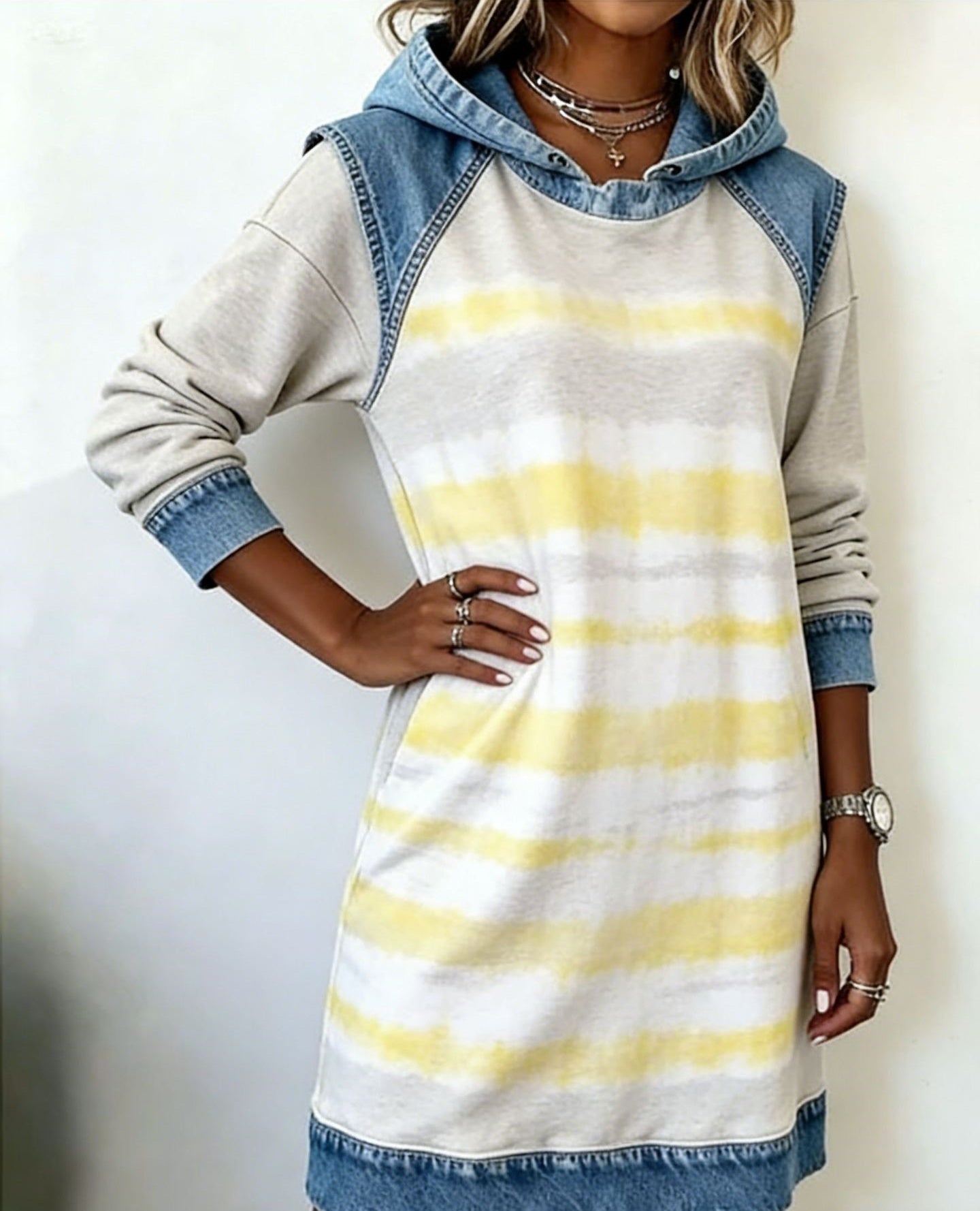 🌷🌞【XS-4XL】Nowa zimowa sukienka z kapturem w stylu denim patchwork 4213327