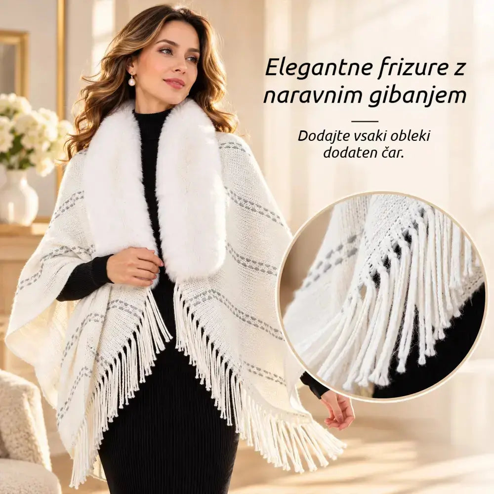 ✨ Pleten zimski šal z mehkim ovratnikom in elegantnimi resami · Sproščena, topla ženska jopa v slogu ponča!