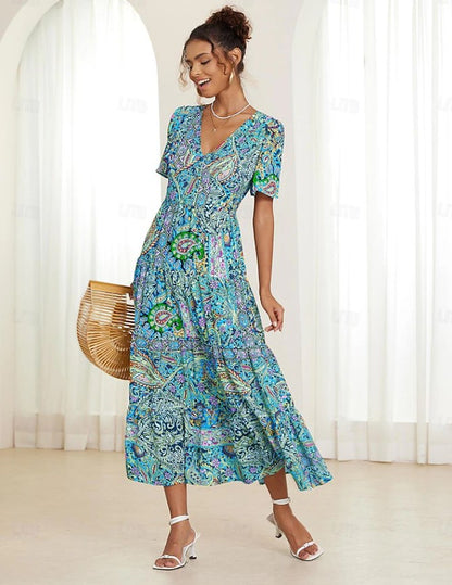 🌈【S-5XL】👗2025 Nova seksi obleka z V-izrezom v elegantnem potisku