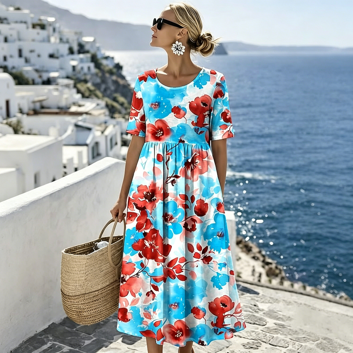 👗🌺【S-4XL】Letní ležérní tištěné šaty 2026, kulatý výstřih, s kapsami - možnost platby při doručení