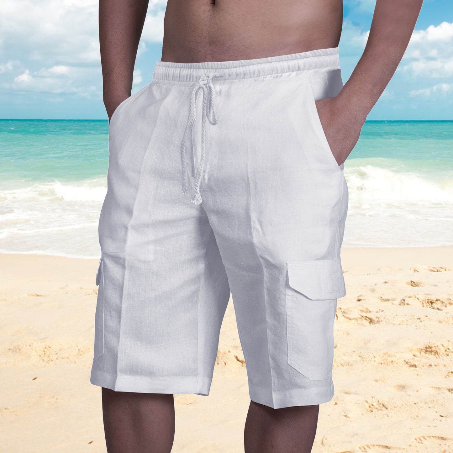 👖⛵【50-100 kg】😍Nové pánské plátěné cargo kraťasy, plus size, pánské plážové kraťasy, se stahovací šňůrkou a několika kapsami 4260837