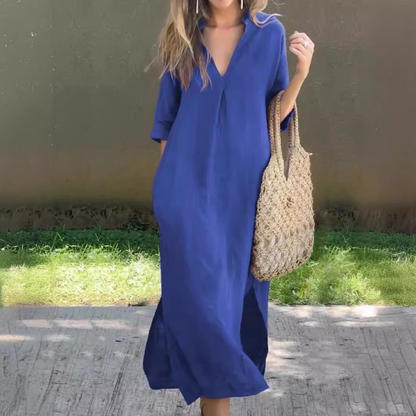 🌿💃 50% de descuento 🔥【40-100 kg】Vestido largo de lino para verano, escote en V, abertura lateral, cómodo ✅️Pago contra entrega