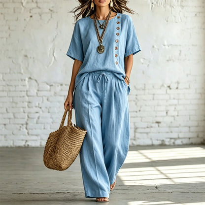 🎨【S-3XL】🌺【Set tričko + kalhoty s širokými nohavicemi】Módní ležérní set vyrobený z bavlny a lnu, pohodlný a prodyšný, dostupný v několika barvách.