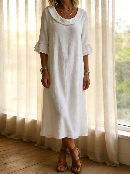 【S-3XL】Elegante vestido de mujer de algodón y lino con mangas abullonadas y cuello redondo 4288675