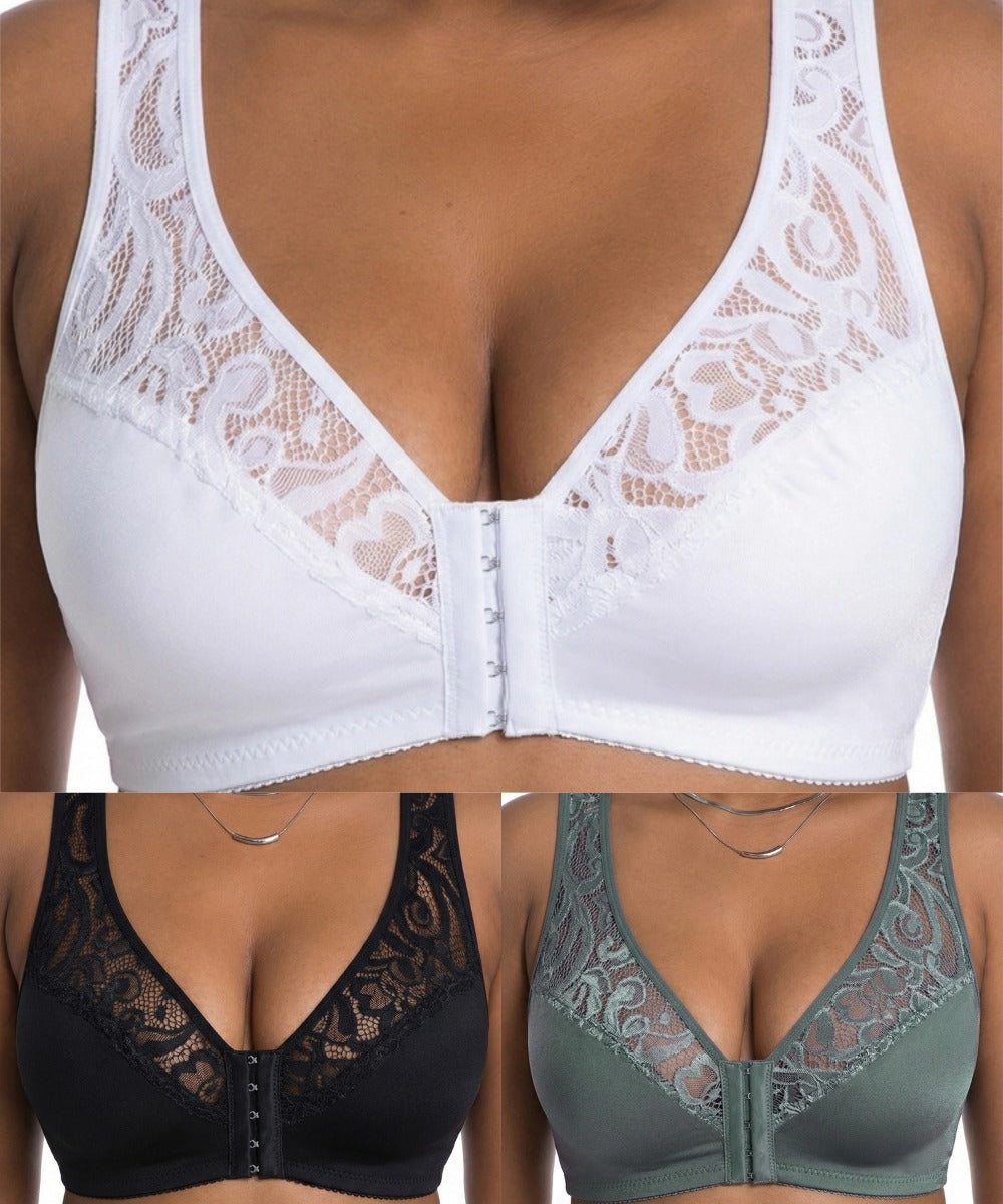 💖Najnižja cena doslej【Komplet 3 kosov】【L-4XL】😍🩲Modrček push-up za večje velikosti, čudovita čipka, push-up in izdolben dizajn, zapenjanje spredaj