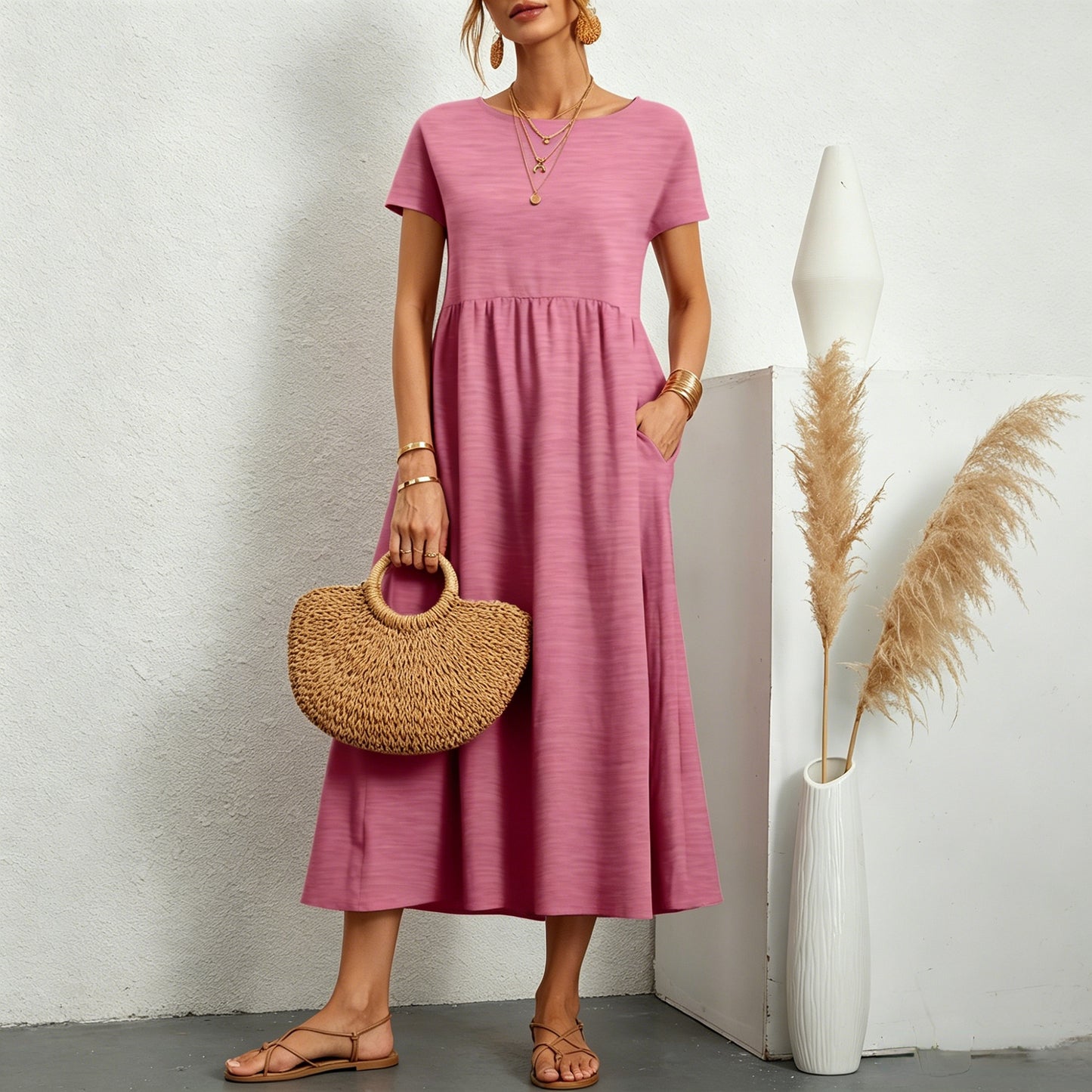 👗💖💖【S-5XL】2026 új női pamut-len ruha – kerek nyakú, bő szabás
