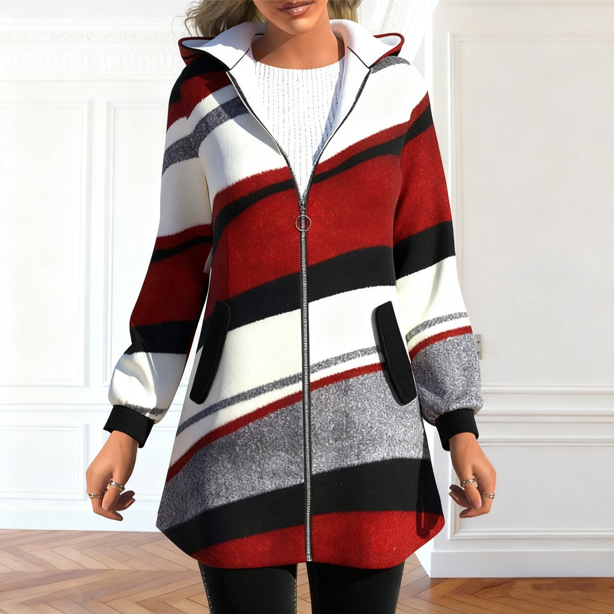 💕49% DE DESCUENTO - Nueva chaqueta holgada con capucha y rayas para mujer (tallas S-3XL)