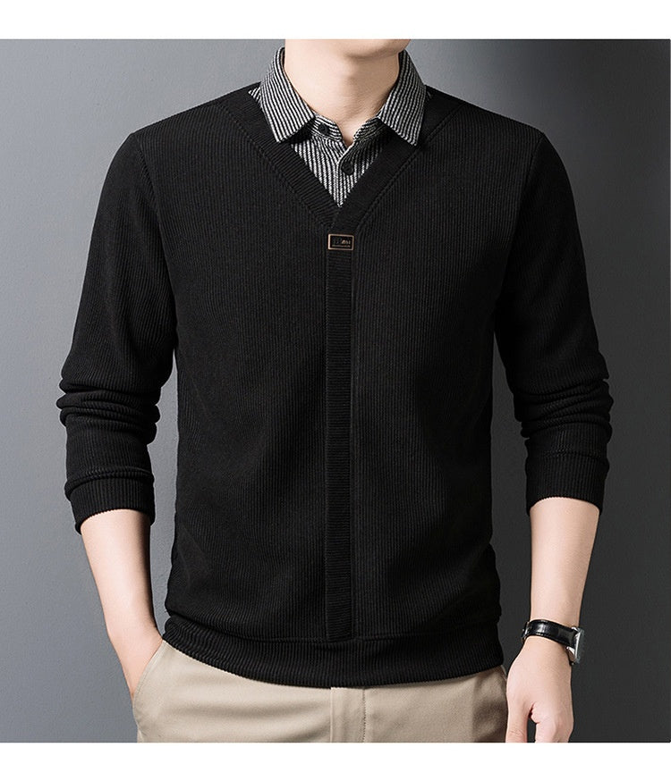 [Odlična ponudba] Nov moški dvodelni zimski komplet puloverja in majice s kratkimi rokavi, ovratnik iz umetnega flisa, odebeljen in topel