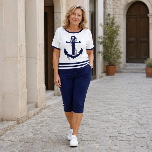 【S-4XL】✨(Tričko + kalhoty) Letní dvoudílná sada pro ženy – tričko s potiskem kotvy a šortky, námořnický styl