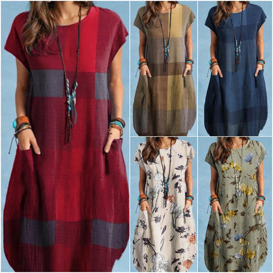 👗【S-5XL】 Bavlněné šaty s kulatým výstřihem a potiskem