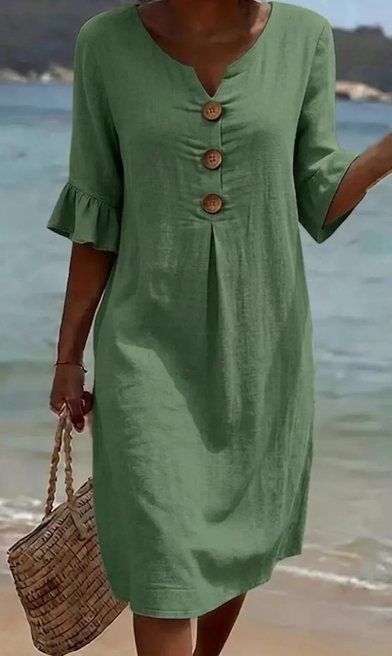 【S-3XL】Vestido de mujer de algodón y lino con mangas abullonadas y botones_4293805