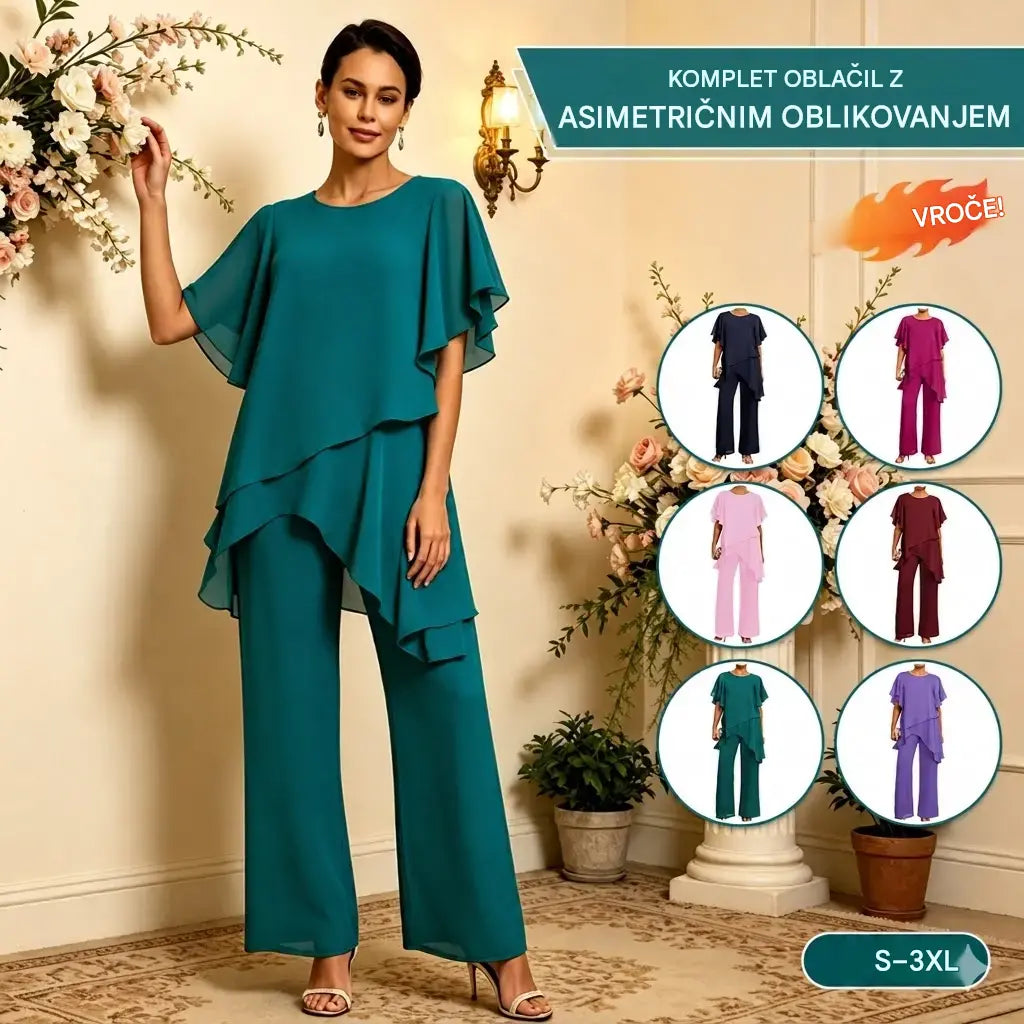 【S-3XL】Elegantni šifonski komplet: asimetričen nabran zgornji del in široke hlače – prefinjen videz za dogodke