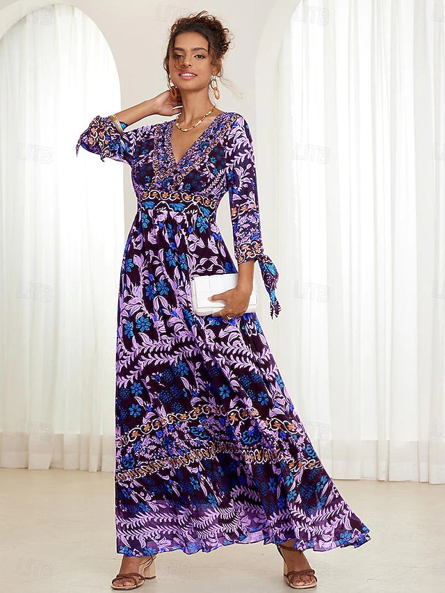 💟【S-5XL】👗Vestido largo con cuello en V y volantes florales para mujer,  estilo bohemio para vacaciones_4240764