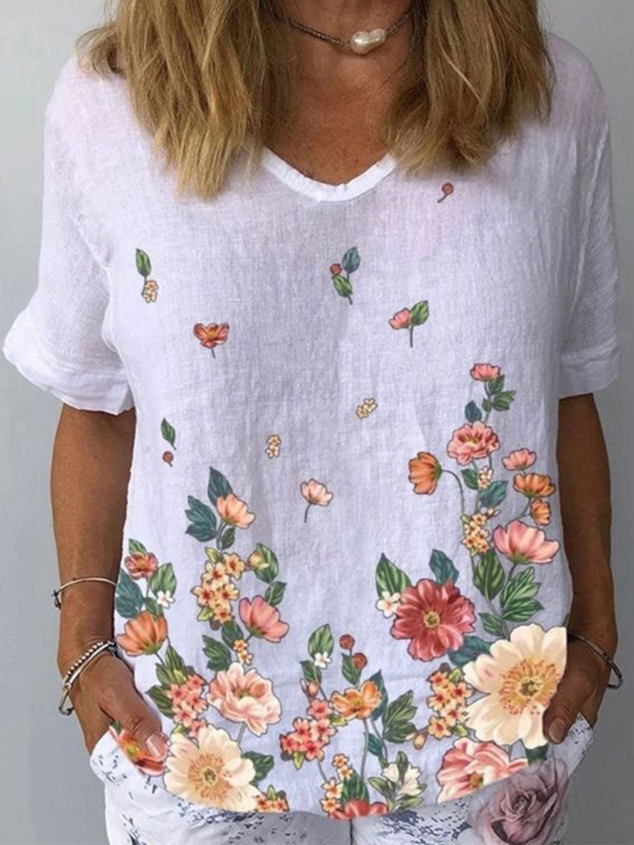 🔥【S-5XL】🌈Camiseta de manga corta de lino y algodón con estampado floral💐_4240731