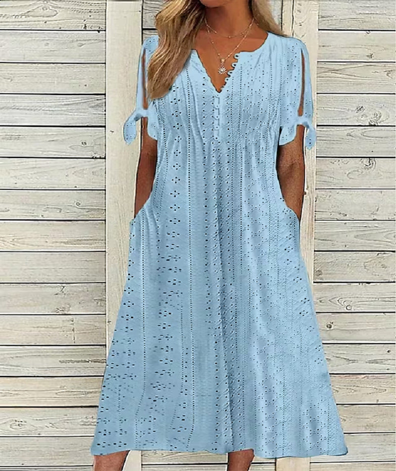 👗❤️【S-3XL】 Nova modna priložnostna ohlapna obleka z visokim pasom in vezenino v enobarvni barvi