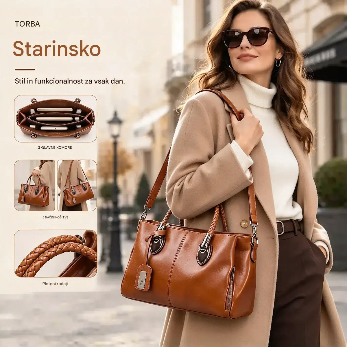💼💄[Zadnji dan – 50 % popust] Ženska torbica iz pravega usnja – mehka in elegantna; lahko jo nosite v roki ali čez ramo.