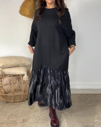 ✨【S-3XL】Ženska ohlapna obleka z okroglim izrezom, okrašena z nepravilnim vzorcem patchworka, vsestranska in udobna.