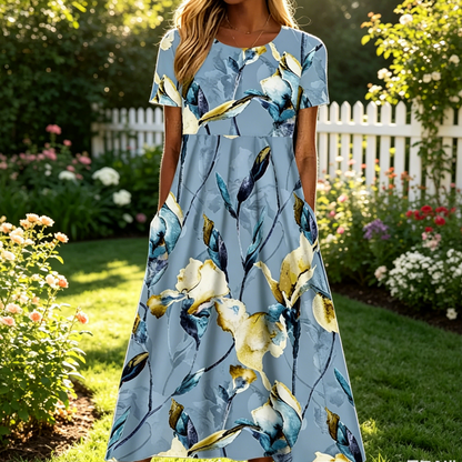 【S-5XL】🌸Kerek nyakú, rövid ujjú maxi ruha, retró bohém mintával, laza és kényelmes.