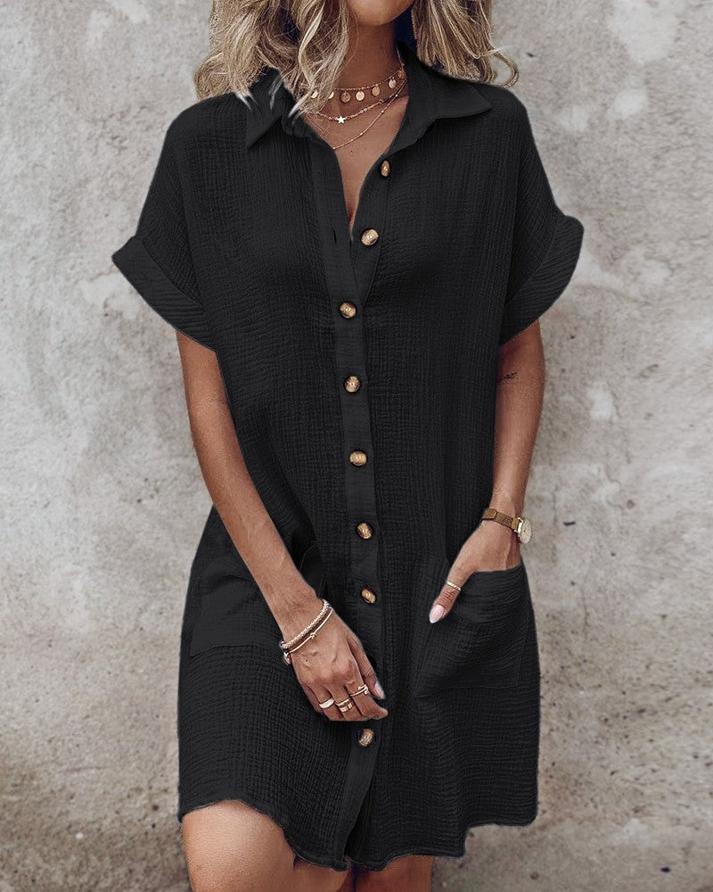 【S-2XL】2026 Vestido suelto de lino y algodón de manga corta y largo medio con botones_4240623