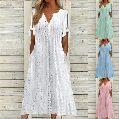 👗❤️【S-3XL】 Nova modna priložnostna ohlapna obleka z visokim pasom in vezenino v enobarvni barvi