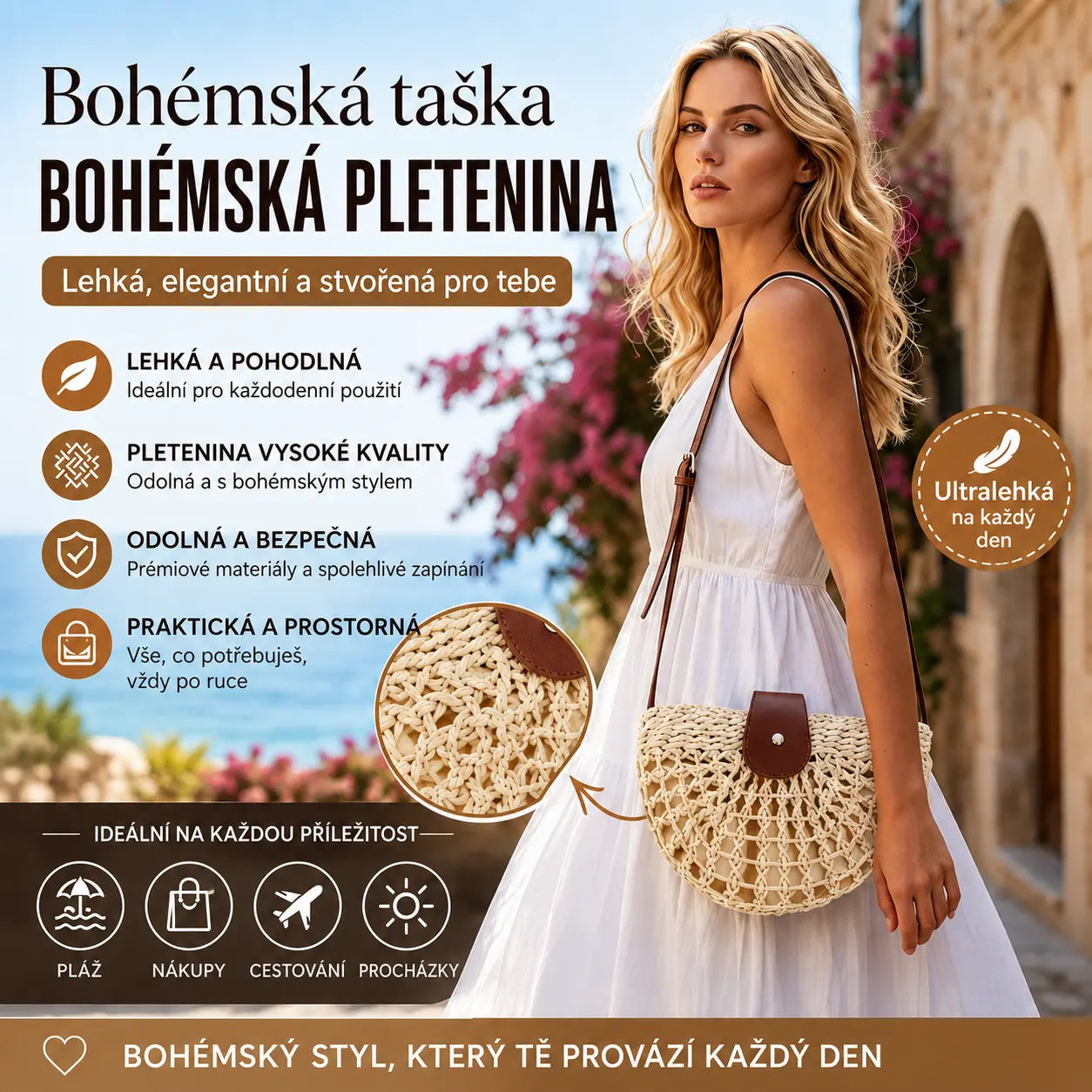 👜 ČASOVĚ OMEZENÁ SLEVA 50 %! ✨ Tkaná crossbody kabelka – boho styl, ručně tkaná, nastavitelná, lehká ✨