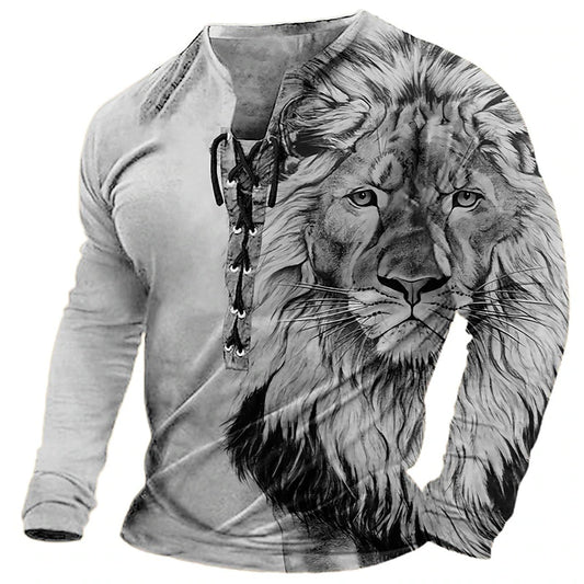 😎【S-4XL】 Moška 3D natisnjena casual levja majica Dolgi rokavi za udobje 3724836