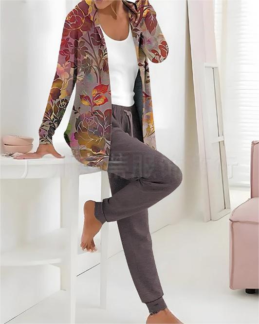 🔥Nuevo conjunto casual de dos piezas estampado para mujer, que incluye chaqueta de manga larga y pantalón.