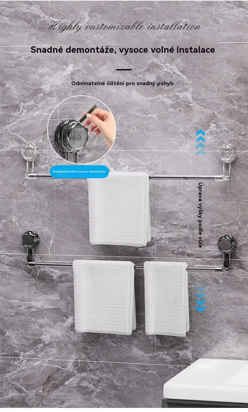 🚿✨ Nastavitelný držák na ručníky s přísavkou: nevyžaduje vrtání, nepoškozuje povrch a nabízí pohodlné uchopení.