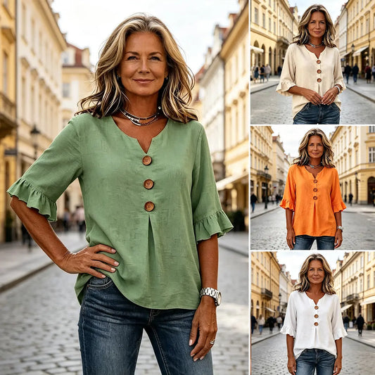 👚【S-3XL】 Nova ženska srajca z V-izrezom in volančki, mešanica bombaža in lana, zapenjanje na gumbe: preprosta in elegantna.