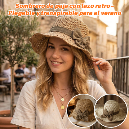🎀🎀 50% DE DESCUENTO 👒 | Sombrero de paja con lazo retro – Plegable y transpirable para el verano