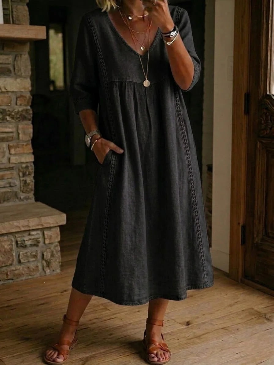✨ ¡Último día de rebajas del 50%! 【S-3XL】Nuevo vestido de verano de algodón y lino de largo medio: diseño con escote en V, holgado y favorecedor, transpirable y cómodo.
