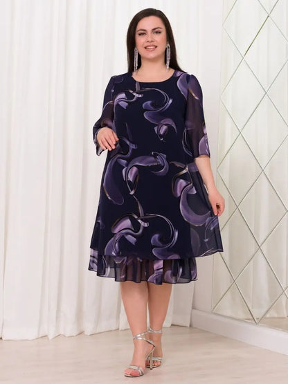 💕【S-5XL】👗Elegante vestido con estampado de malla y mangas con volantes.
