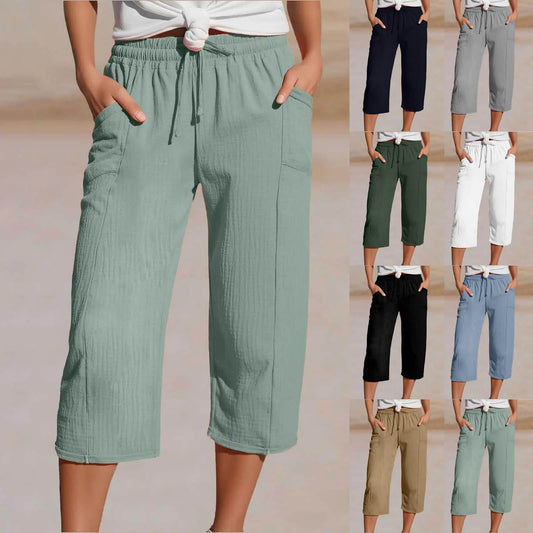 💖👖👖Ženske enobarvne kapri hlače z naborki iz bombaža in lana - hladne in zračne, laskajo obliki nog, elegantne in ležerne