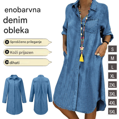 🔥👗 Ženska obleka iz jeansa velike velikosti, Enobarvna obleka za prosti čas