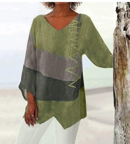 ⭐⏳ Zadnji dan – 50% popust 😍【S~5XL】Ženski eleganten casual top: V-izrez, dolgi rokavi, umetniški vzorec