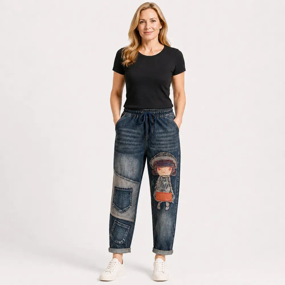 Ženske retro ohlapne kavbojke z vezeninami in elastičnim pasom – harem kavbojke v edinstvenem slogu (velikosti S-5XL, 2 barvi) 👖✨🍂