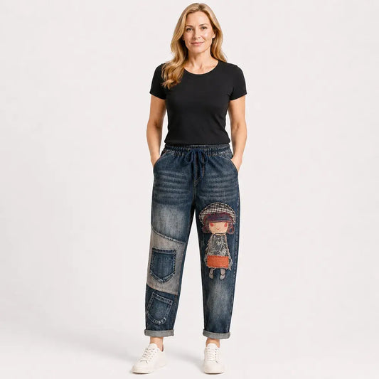 Ženske retro ohlapne kavbojke z vezeninami in elastičnim pasom – harem kavbojke v edinstvenem slogu (velikosti S-5XL, 2 barvi) 👖✨🍂