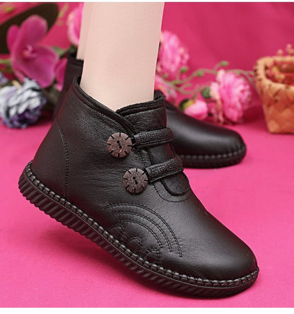💥【Bestseller!】【Velikosti 35-40】Nové protiskluzové bavlněné zimní ploché kozačky, kotníkové boty, teplé kožené kozačky, bavlněné boty