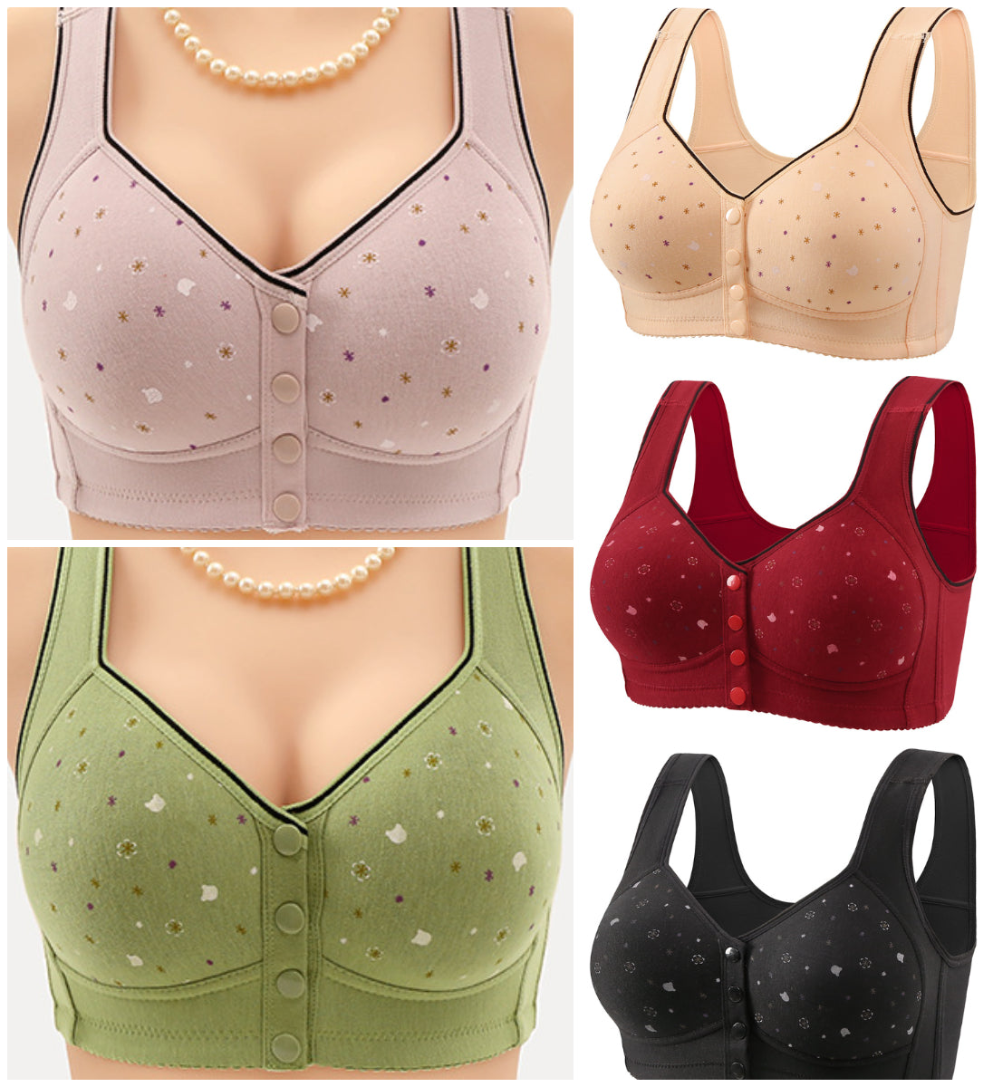😍【3 db-os készlet】Női vezeték nélküli melltartó elülső gombokkal 【40-120kg】❤️Kényelmes antibakteriális természetes pamut