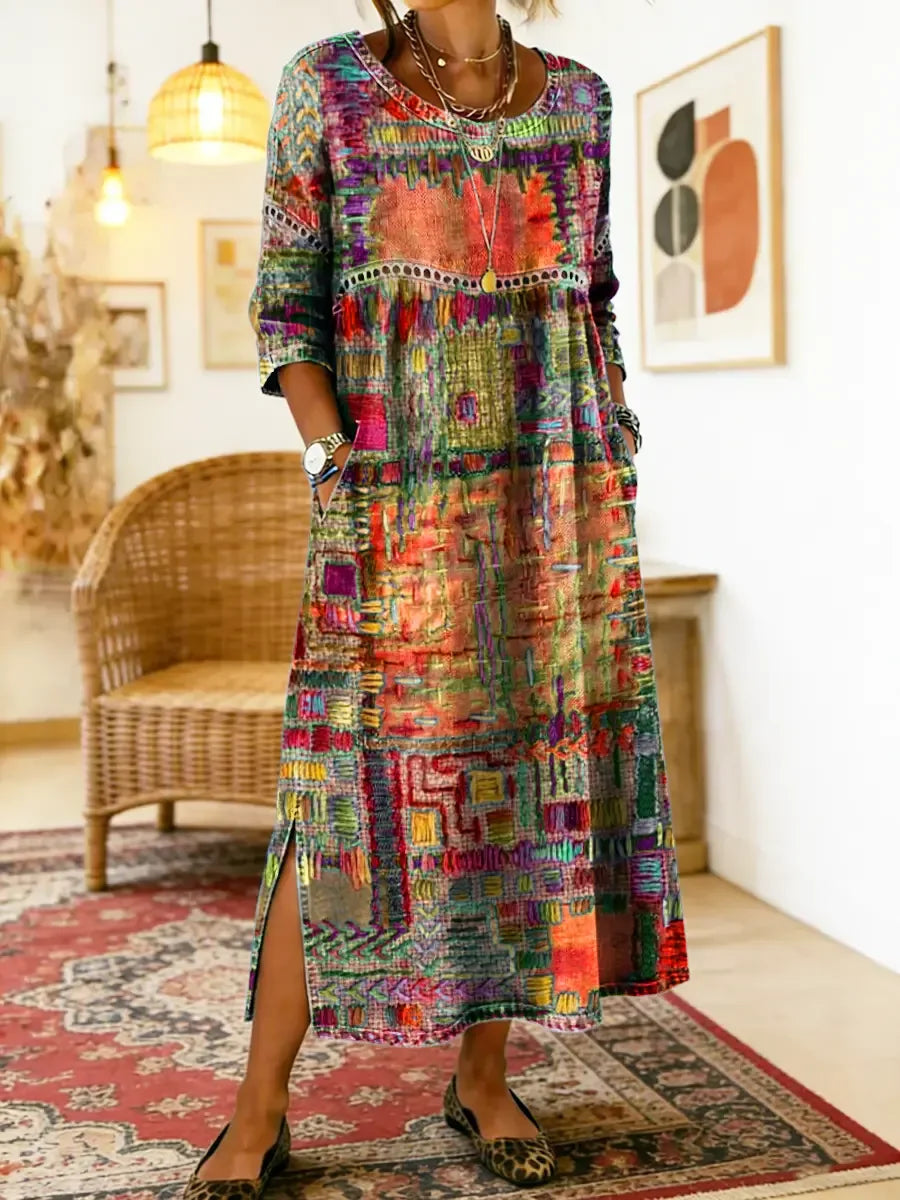 💟【S–5XL】Női ruha tiszta pamutból, etnikai mintával, patchwork kivitelben, csipkés szegéllyel