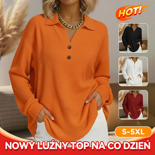 【S-5XL】Nowy modny luźny sweter z długim rękawem, dekoltem w serek, zapinany na guziki, w jednolitym kolorze, z dzianiny waflowej