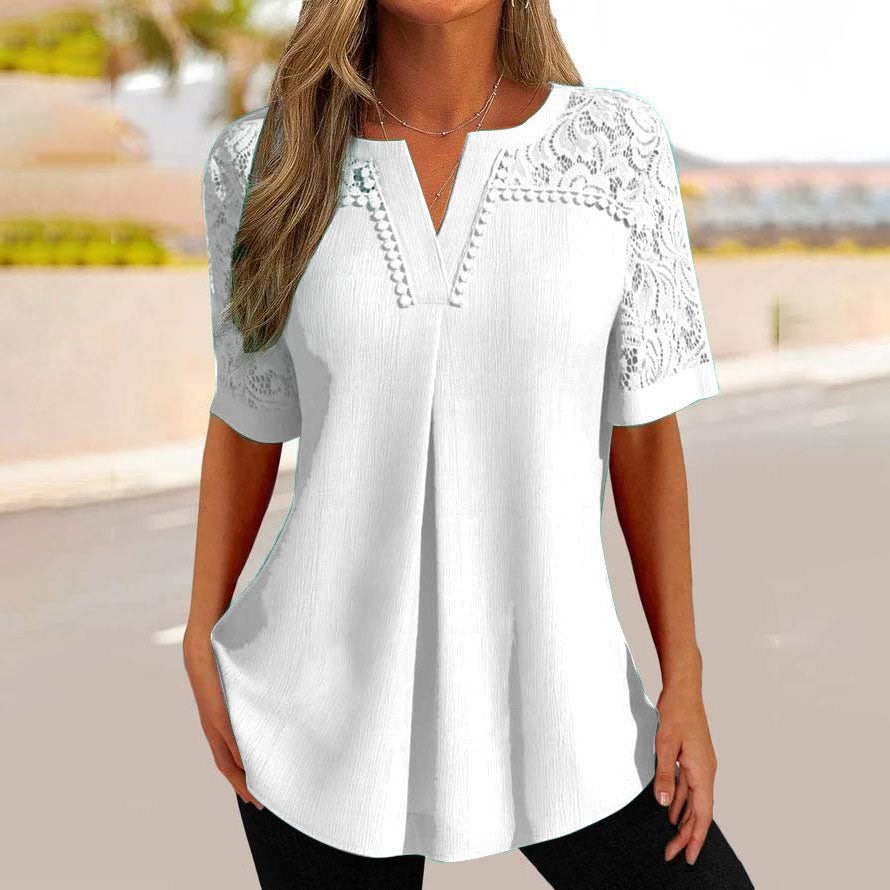 【S—XXXL】👚[Poletna razprodaja] Nova majica s kratkimi rokavi s čipkastimi šivi 2025