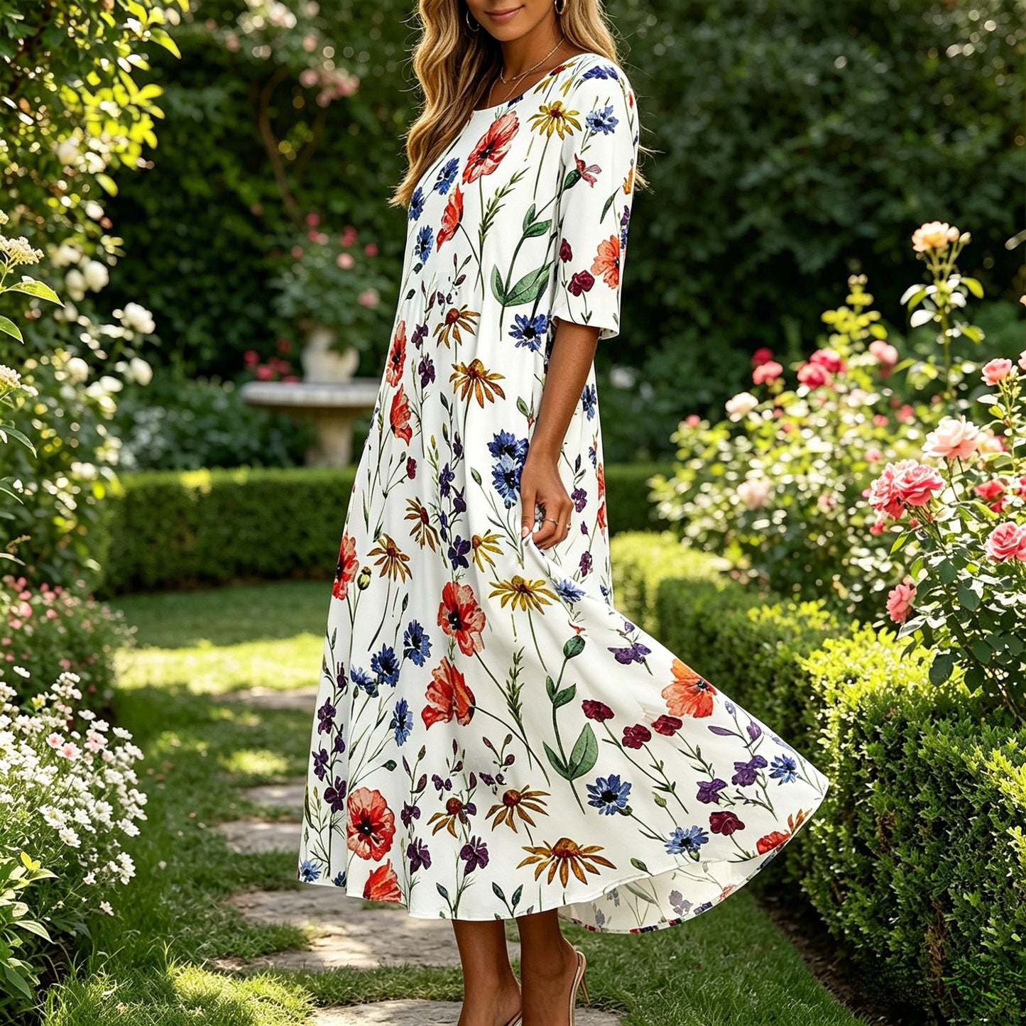 【S-5XL】🌸Kerek nyakú, rövid ujjú maxi ruha, retró bohém mintával, laza és kényelmes.
