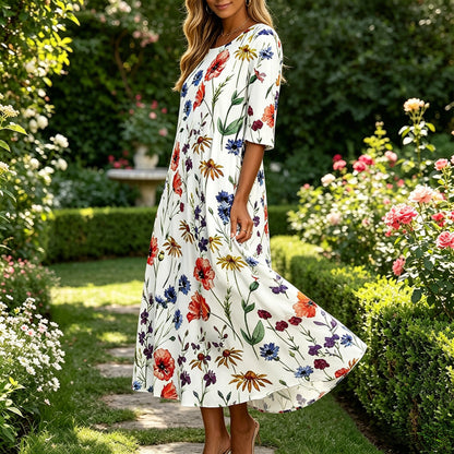 【S-5XL】🌸Kerek nyakú, rövid ujjú maxi ruha, retró bohém mintával, laza és kényelmes.